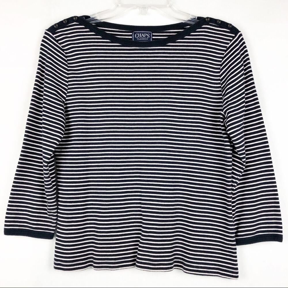 Chaps Y2K Vintage 3/4 Sleeve Striped Blue White Top Size Large